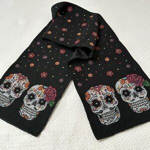 Sugar Skull Table Runner Black Flowers Dia de Los Muertos 70” X 13” Canvas